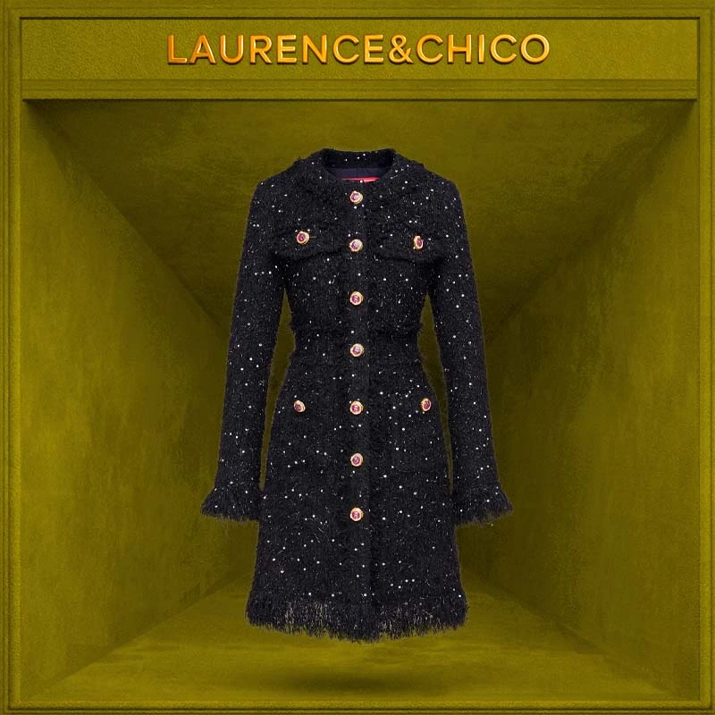 【平台补贴】LC灵蛇扣粗花呢连衣裙，黑色D5AX10117001