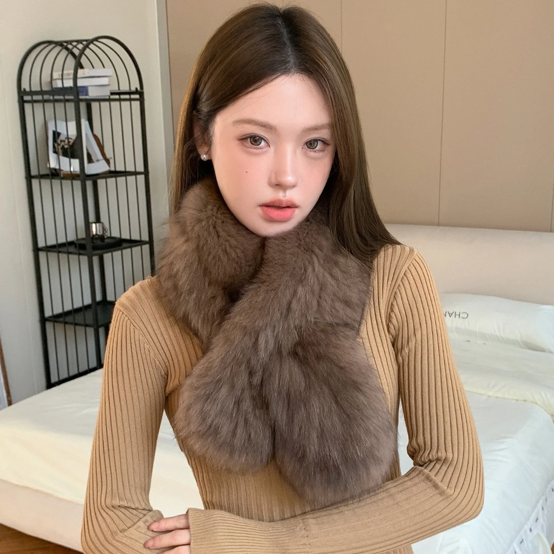 韩版气质网红新款流行美拉德色双面编织狐狸毛围巾冬季保暖时尚