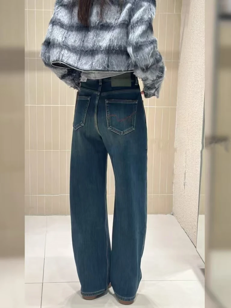 SU【100】代98 愫燕 MWMA加绒直筒裤植绒一体绒高腰蓝色显瘦阔腿裤·