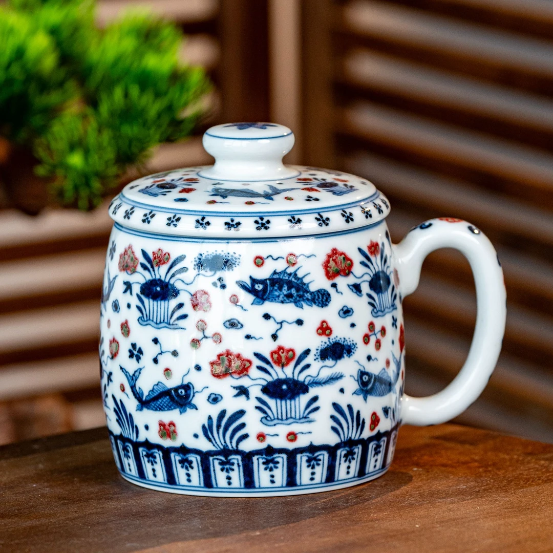 【明和堂】青花釉里红鱼藻办公杯纯手工青花瓷景德镇陶瓷茶器