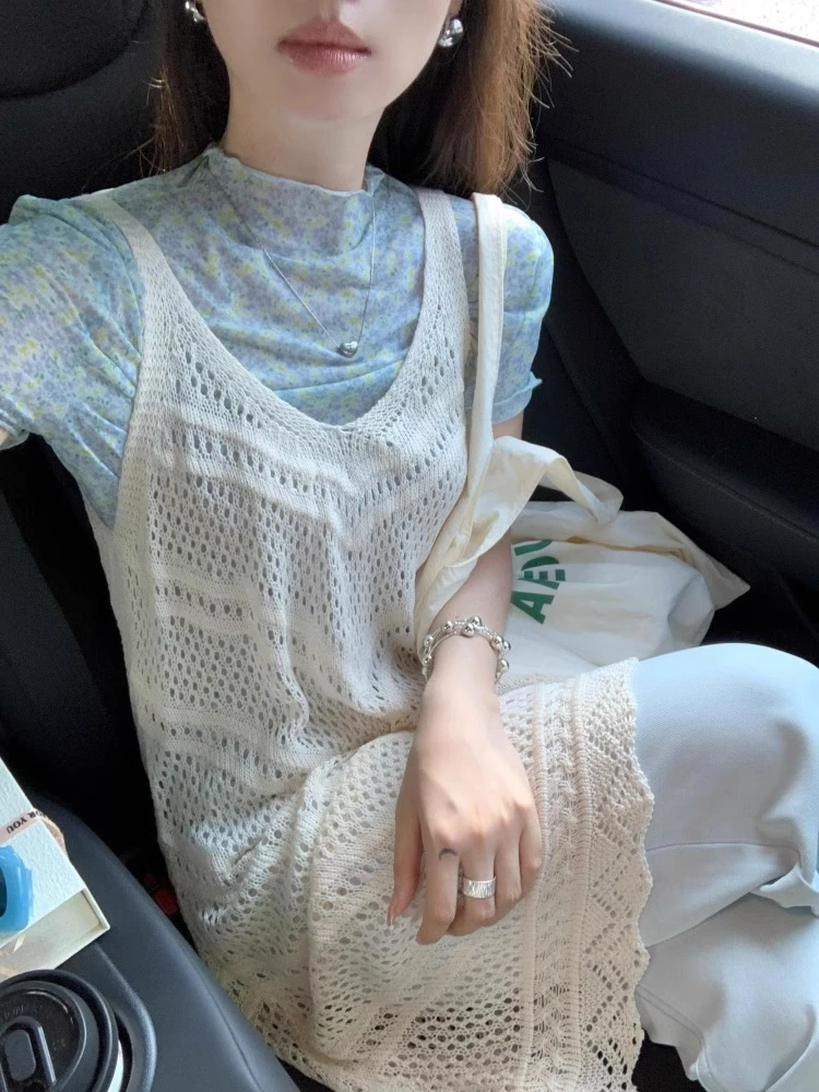 韩版春夏新款慵懒风叠穿花边镂空连衣裙女外搭罩衫针织吊带背心裙