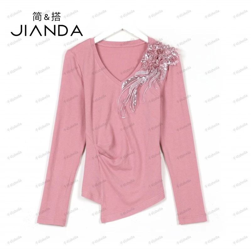 千屿Sheila 洋气重工刺绣秋季长袖打底衫上衣233-SY/0819-3101211