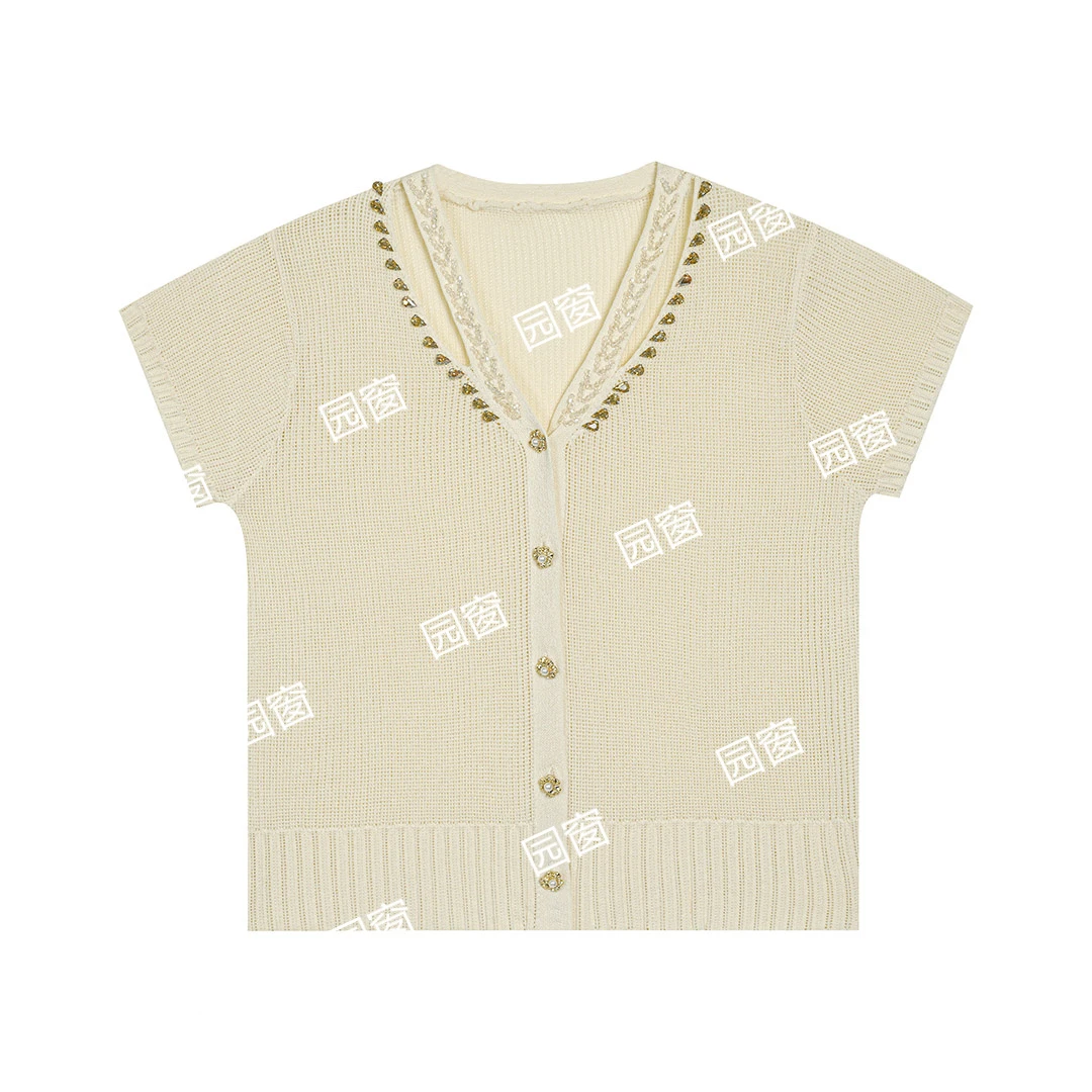 时尚气质百搭V领手工镶钻开衫舒适针织上衣8970