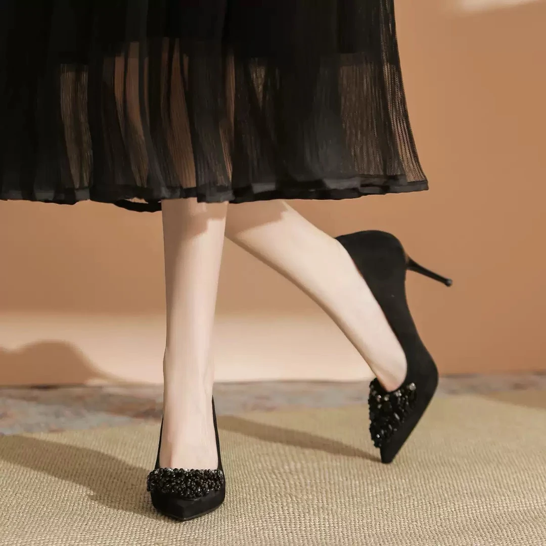 绒面细跟水钻浅口高跟鞋2025早春新款女鞋气质通勤职业装单鞋优雅