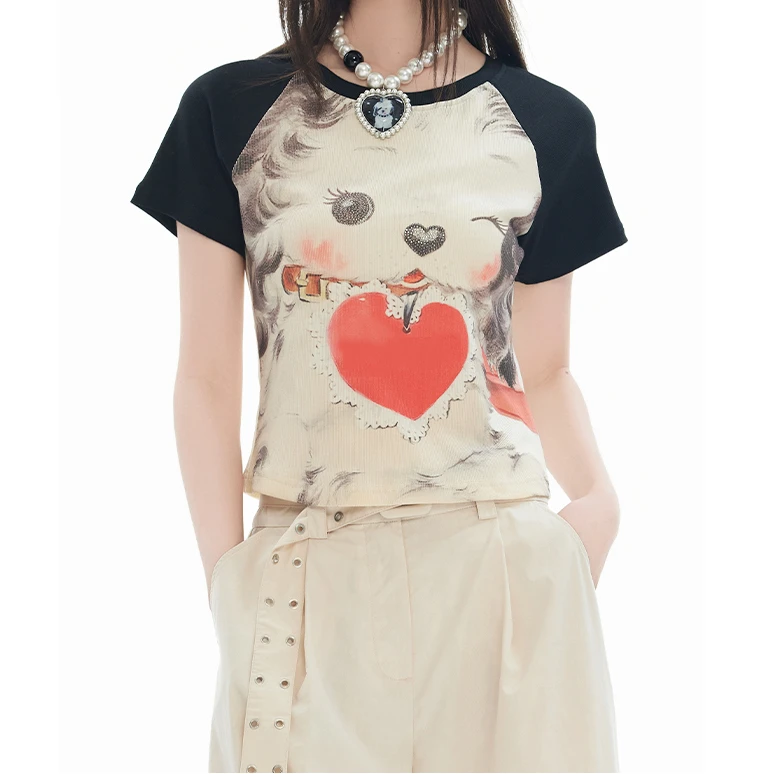 【张慧贤同款】狗狗圆领T恤撞色百搭印花上衣女2025夏季新款显瘦057