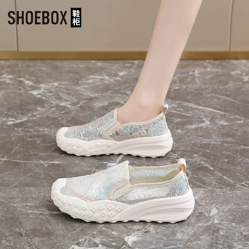 SHOEBOX鞋柜透气女鞋踩屎感渔夫鞋夏季亮片网鞋不累脚软底布鞋