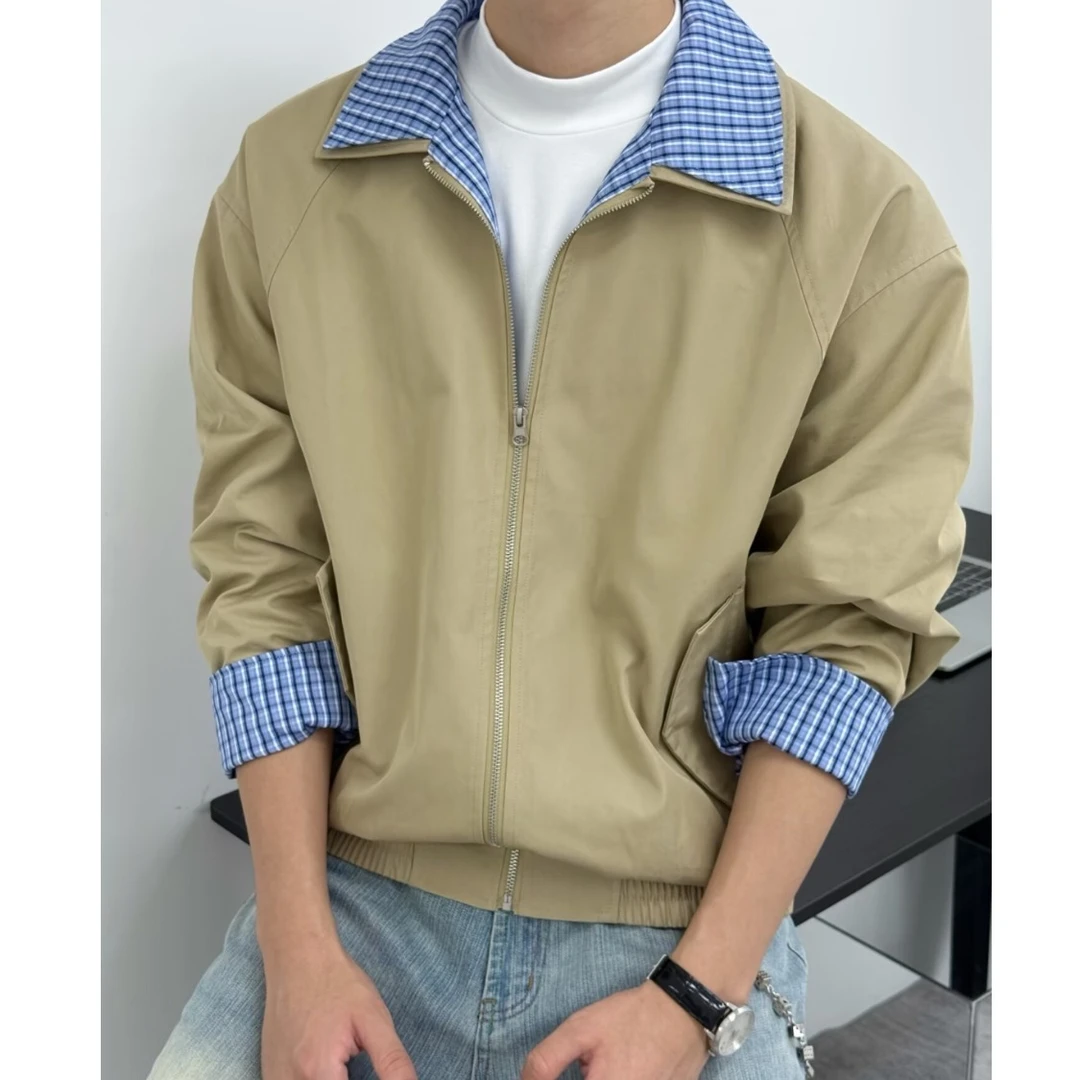 WONST翻领格纹短夹克男ins韩系短款小众外套小众设计拼接春秋季