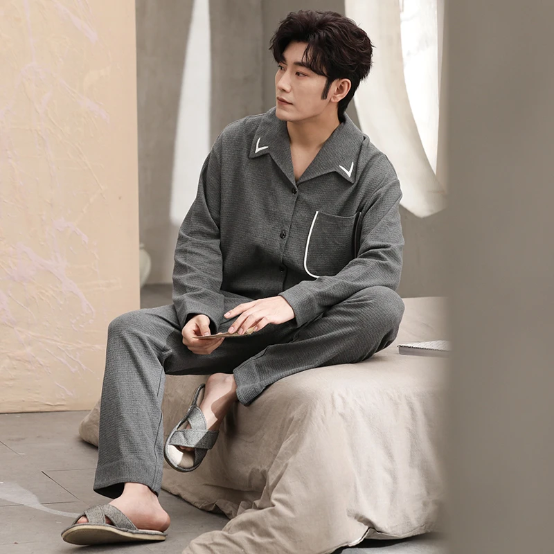 新款时尚男款睡衣长袖可外穿薄款简约宽松家居服套装