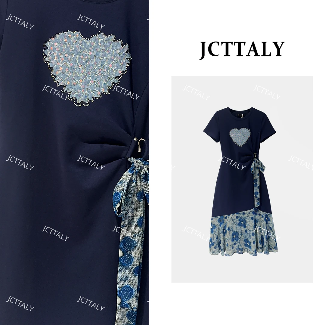 【茶茶】气质圆领爱心复古设计款休闲显瘦连衣裙JC-A4147短袖小香风