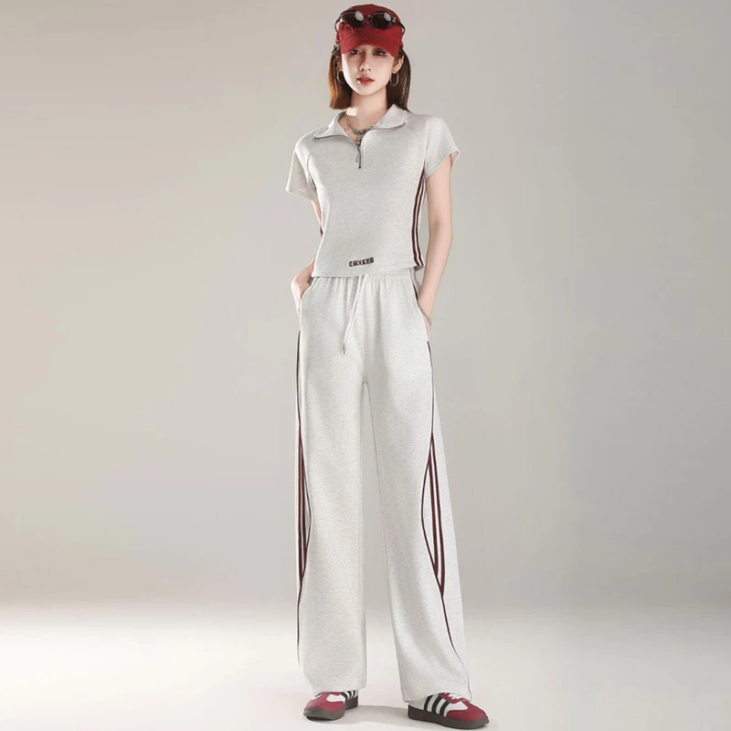 高含棉设计感运动服套装女2025年夏季新款半拉链上衣阔腿裤两件套