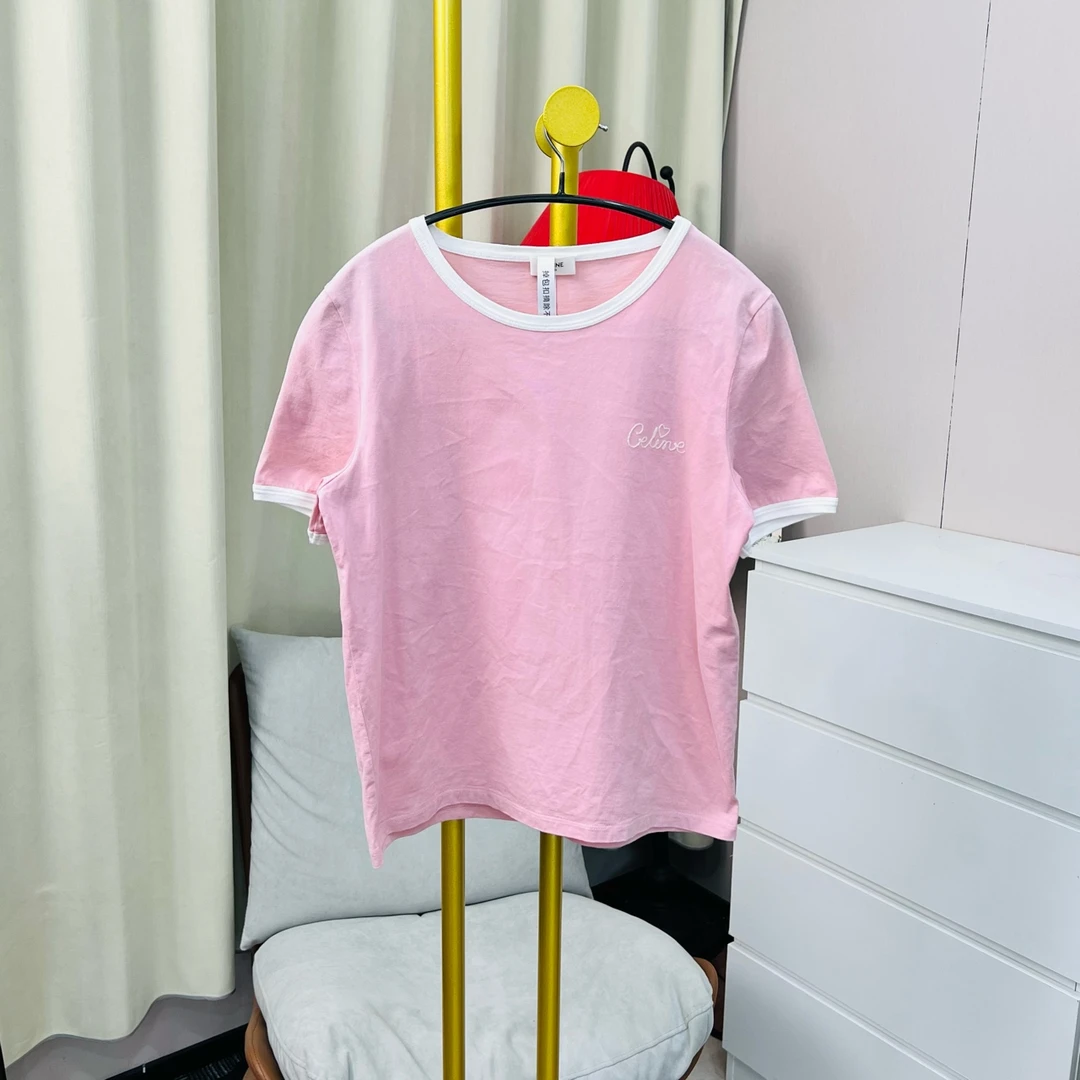 99新 Celine/思琳  粉色胸口logo短袖 L码