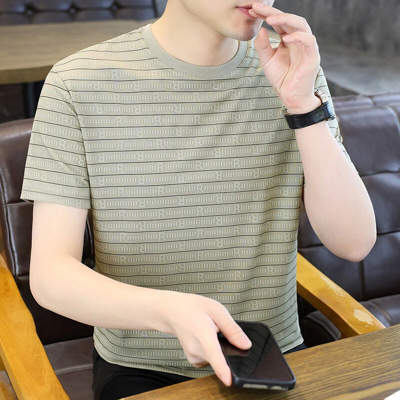 夏季冰丝提花男士T恤青年时尚休闲条纹百搭短袖潮流打底22203