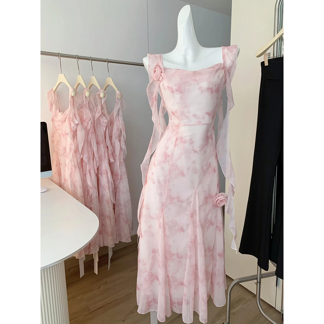 法式复古碎花粉色吊带连衣裙海边度假沙滩长裙夏日绝美小裙子仙女