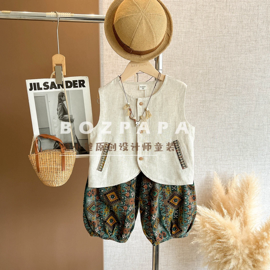 现货定制【浅杏生花】2025夏季男童韩系民族风口袋拼接设计背心套装