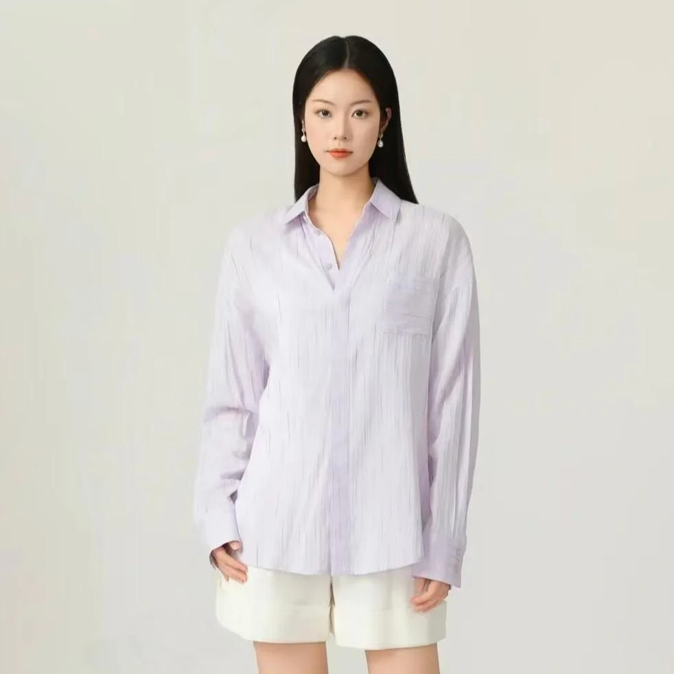 哥弟 竖条纹肌理感长袖衬衫春季新款白色气质高级感衬衣女1300989