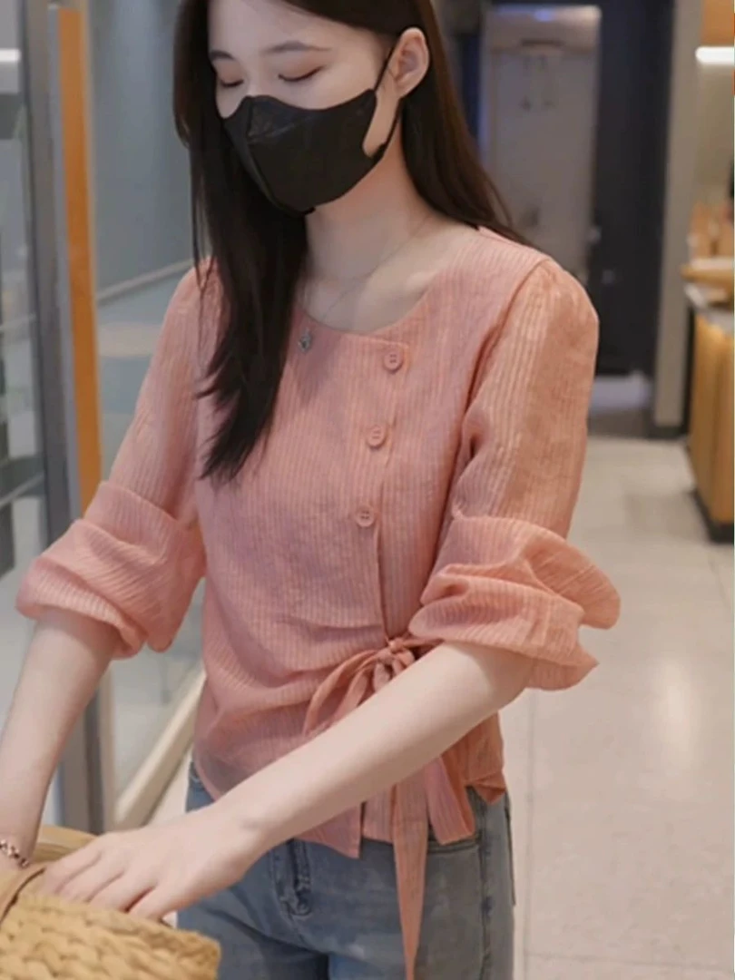 2025新款雪纺衬衫上衣不规则蝴蝶结细带圆领百搭设计感长袖衬衣