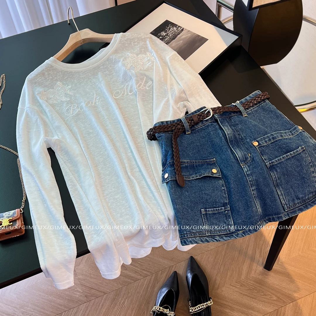 初秋欧美时尚套装女2025新款国风刺绣洋气防罩衫美式高腰牛仔裙潮