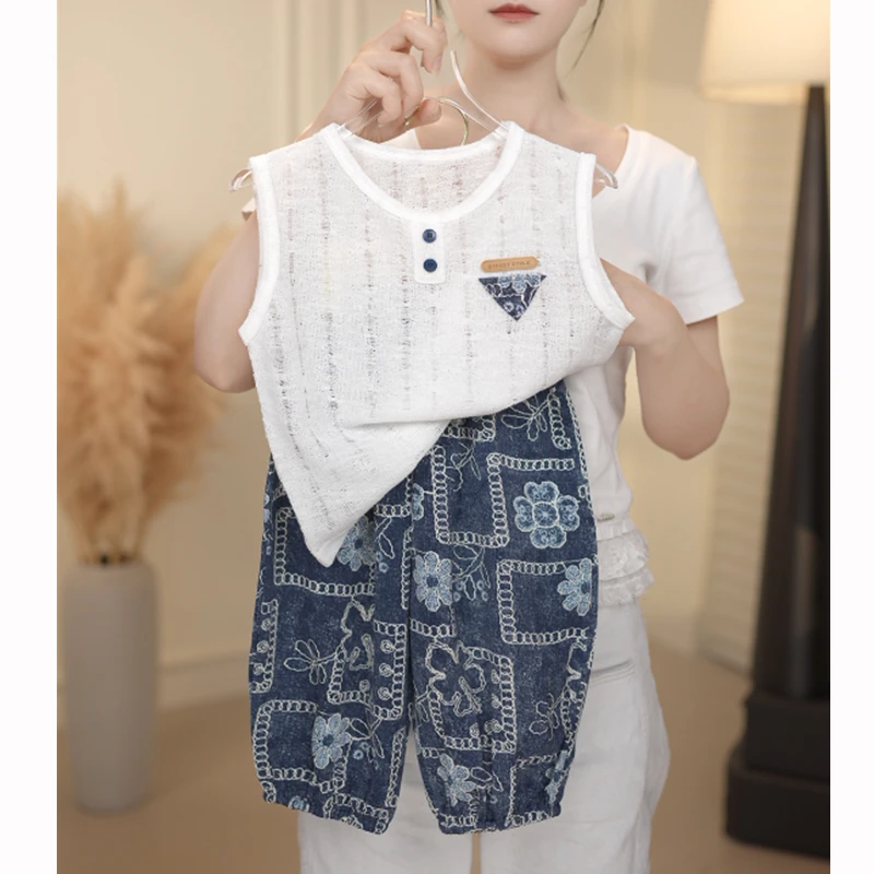 夏季儿童新款无袖镂空背心休闲宽松薄款套装