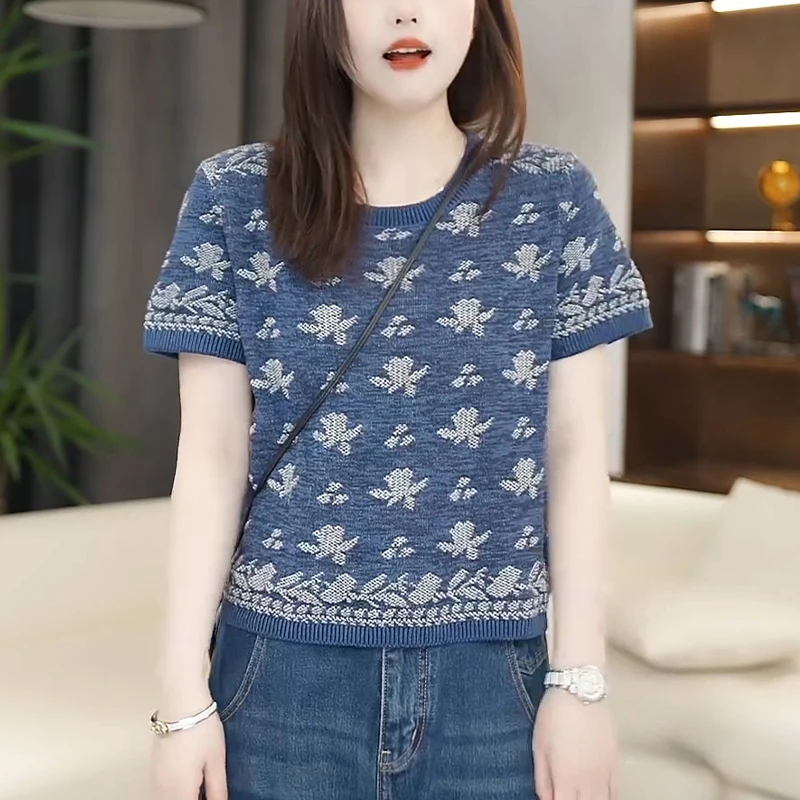 9607#网红洋气炸街女装短袖上衣夏季小个子圆领设计感遮肉针织衫