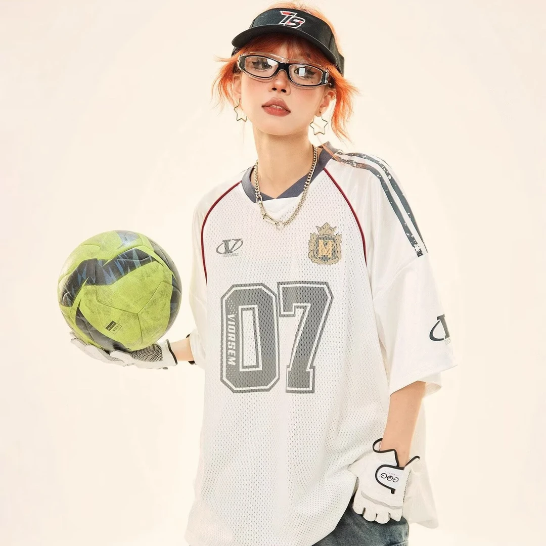 美式复古运动风球衣女夏季学院风网面橄榄球短袖T恤宽松情侣上衣