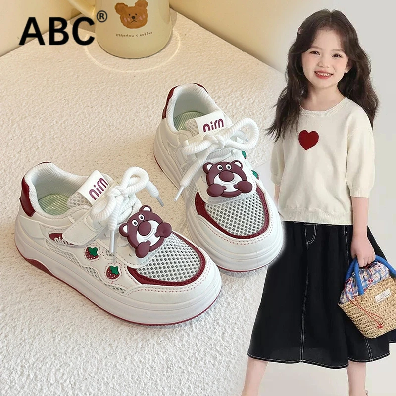 ABC女童板鞋2025春款女童卡通洋气小白鞋软底单网儿童休闲运动鞋