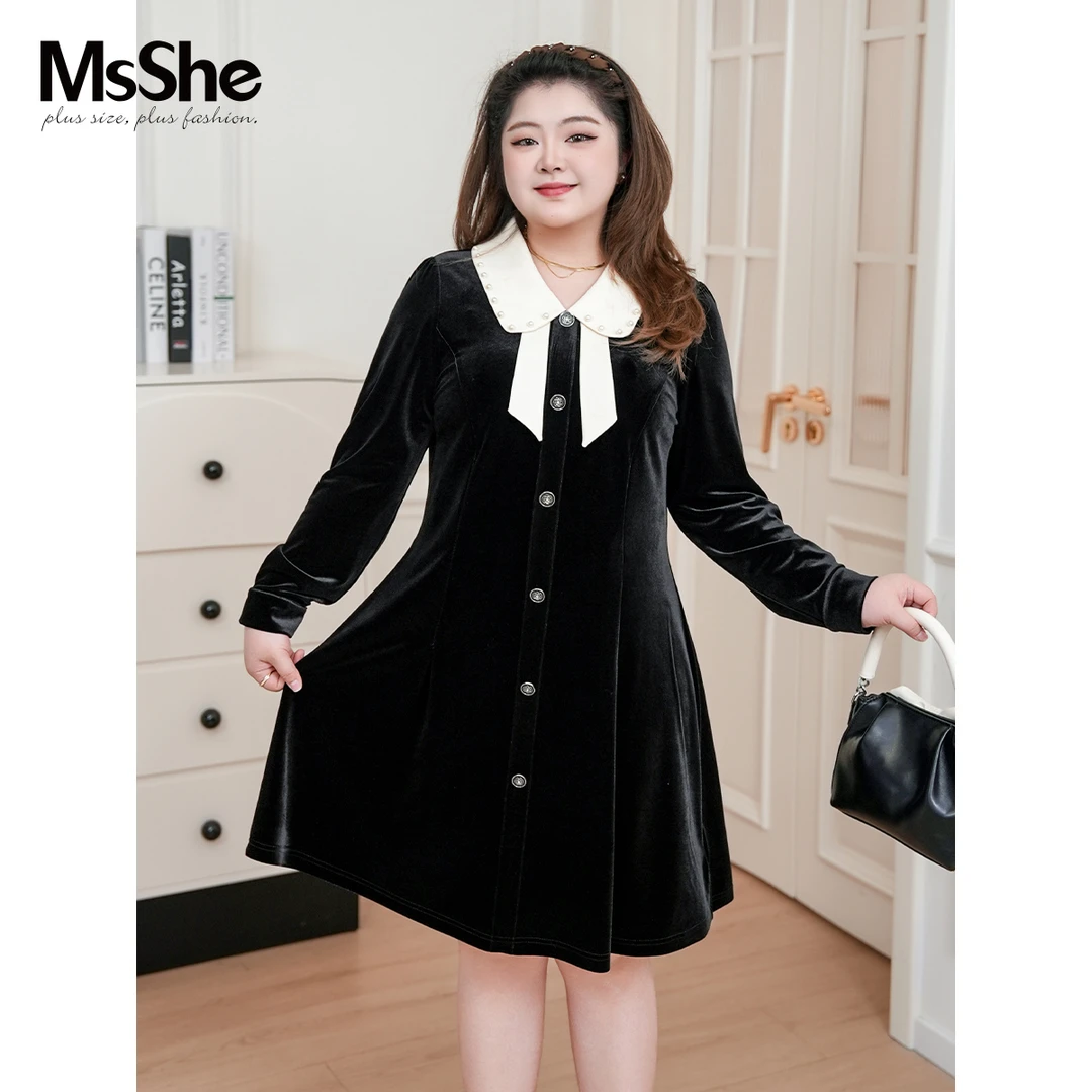 MsShe大码女装2025冬复古撞色钉珠翻领遮肉丝绒连衣裙D~F2510007