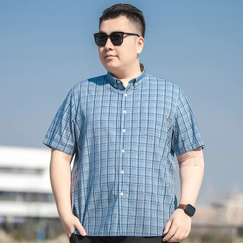 夏季薄款大码男装格子短袖衬衫胖子时尚休闲大号莱赛尔棉半袖衬衣