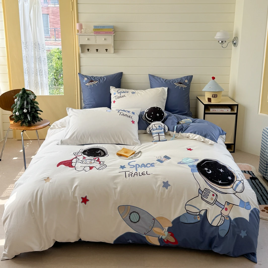 A类100%纯棉贴布绣四件套宇航员可爱男孩卡通女孩全棉被套棉床品4
