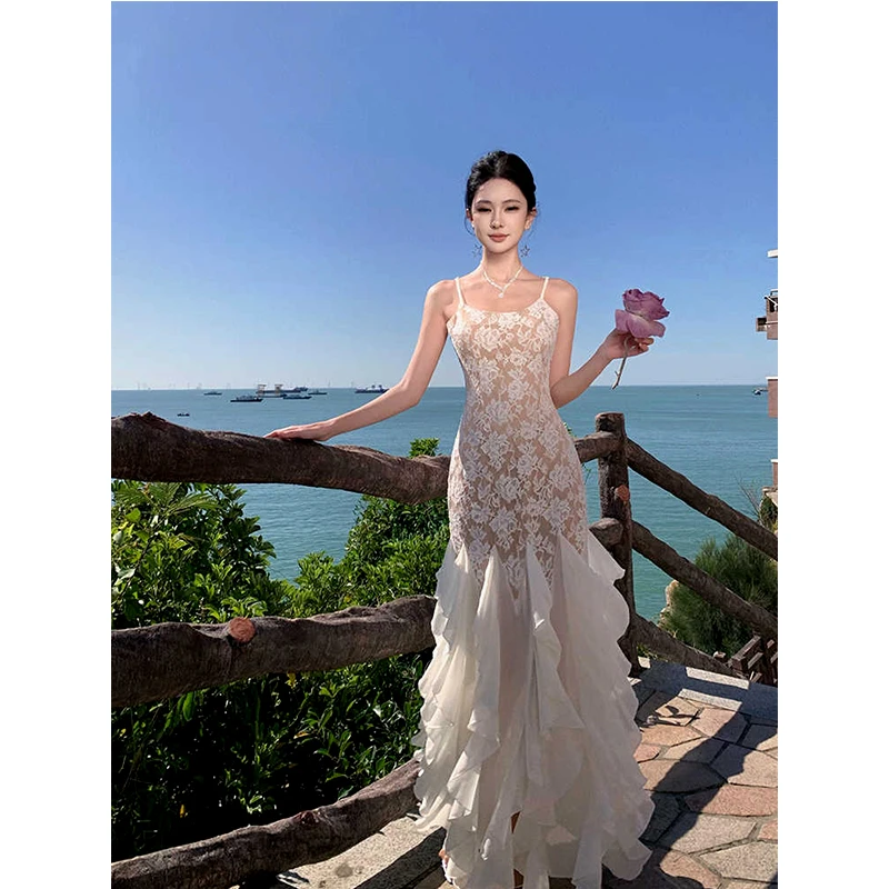 法式绝美花朵刺绣晚宴生日礼服裙收腰荷叶边鱼尾裙露背吊带连衣裙