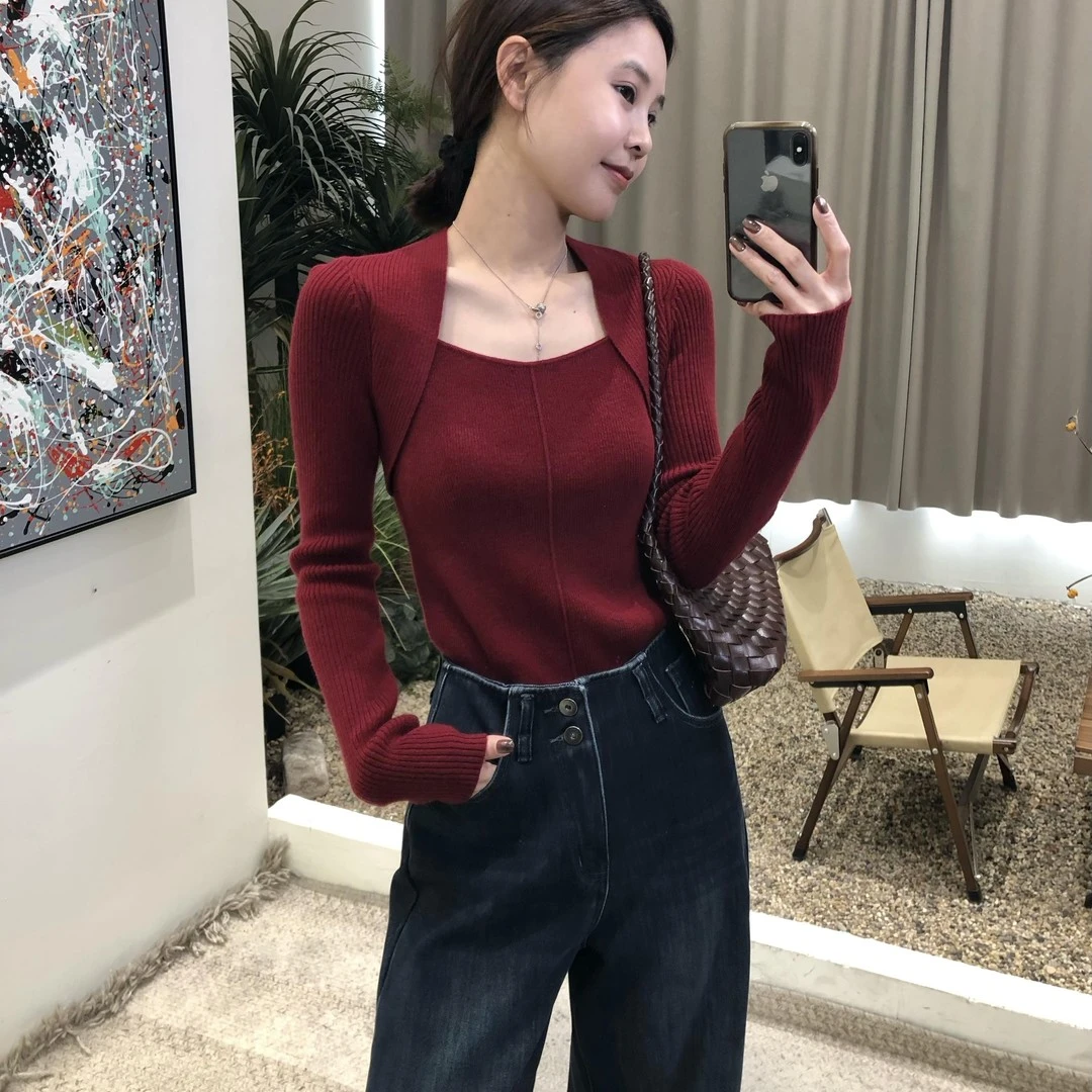 气质好吸睛~法式显瘦方领坑条时尚显瘦时尚毛衣高级百搭单品G9-99