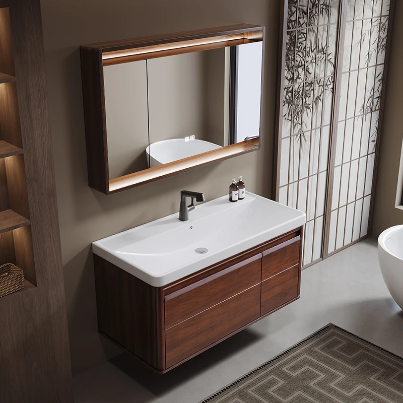 新中式橡木浴室柜组合陶瓷一体海洋盆卫生间洗漱台洗脸盆洗手盆