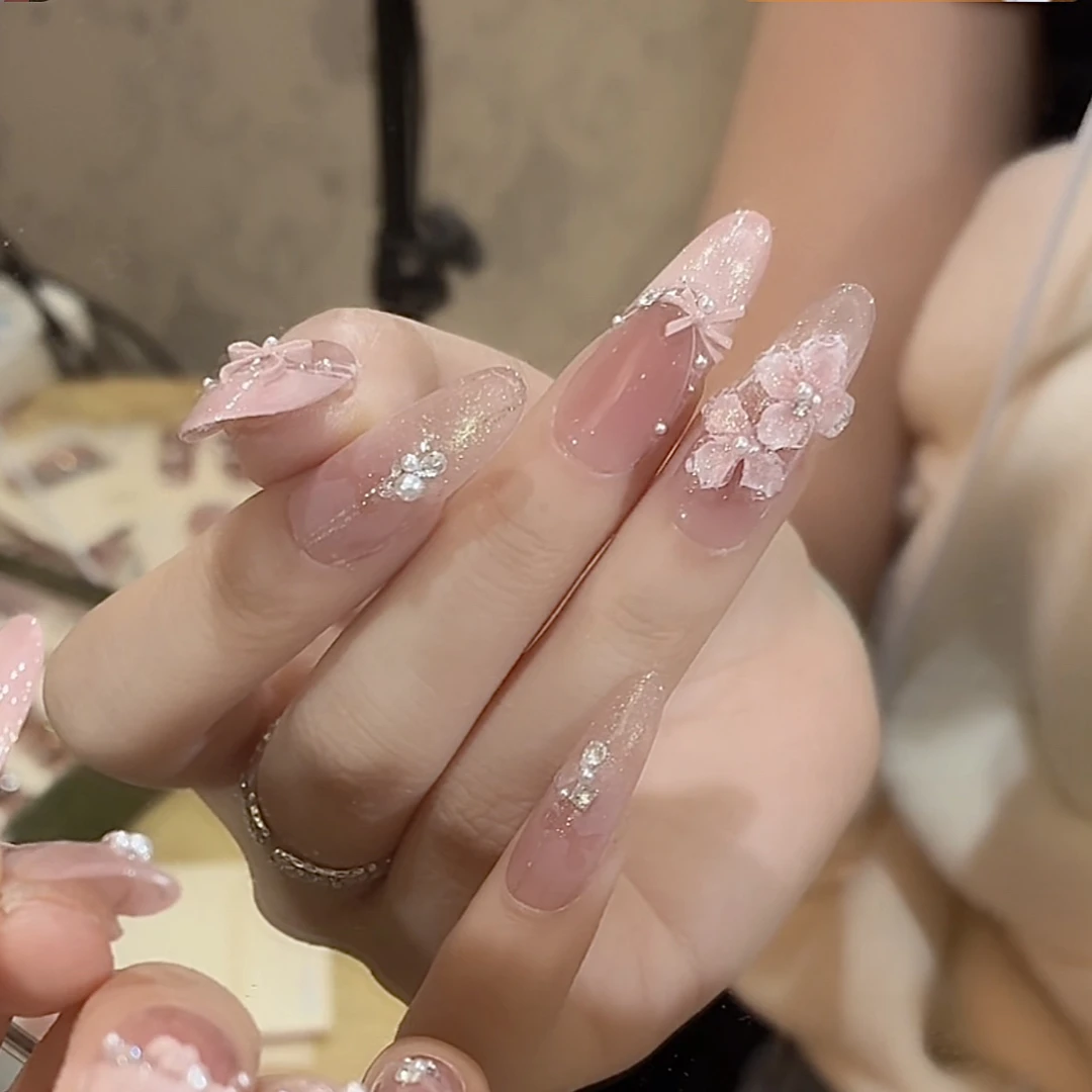 【樱花恋语-手工雕花】鹿鹿家-纯手工穿戴甲立体雕花手绘法式猫眼