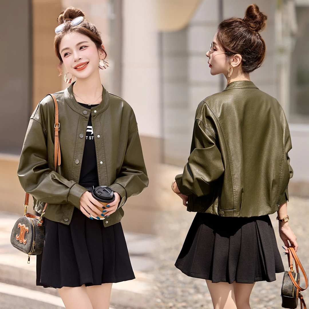 绿色短款皮衣外套女装小个子秋冬季新款修身显瘦皮夹克机车服上衣