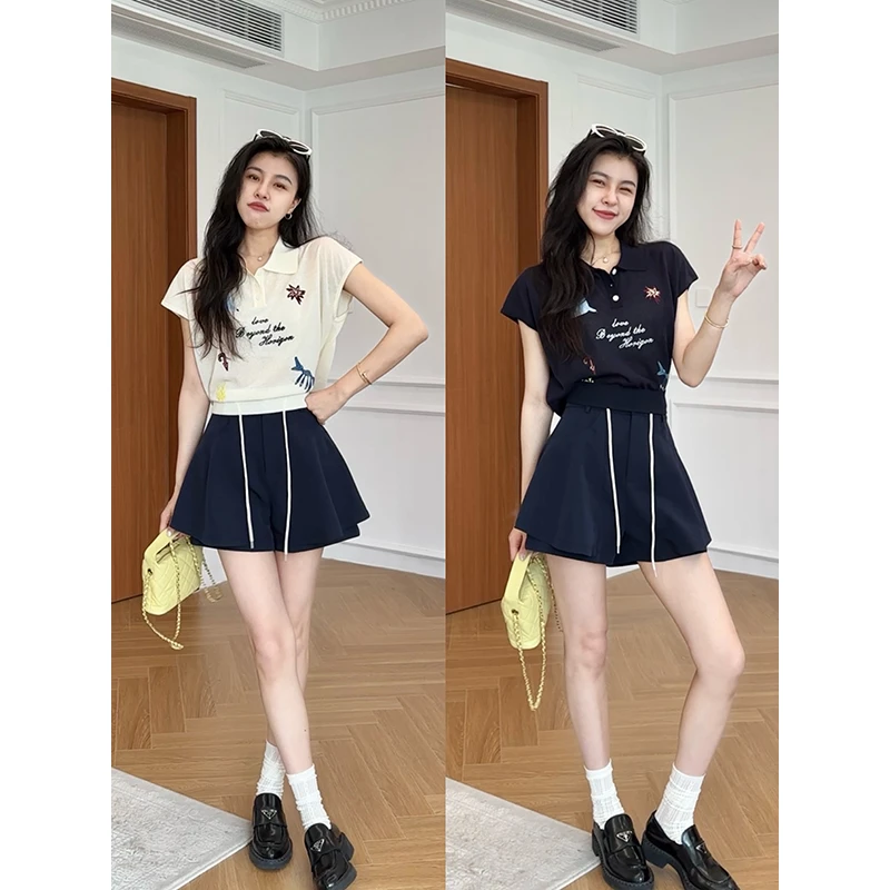 张阿星【悠闲派】韩版休闲趣味刺绣Polo短袖+显瘦短裤   W425A09659