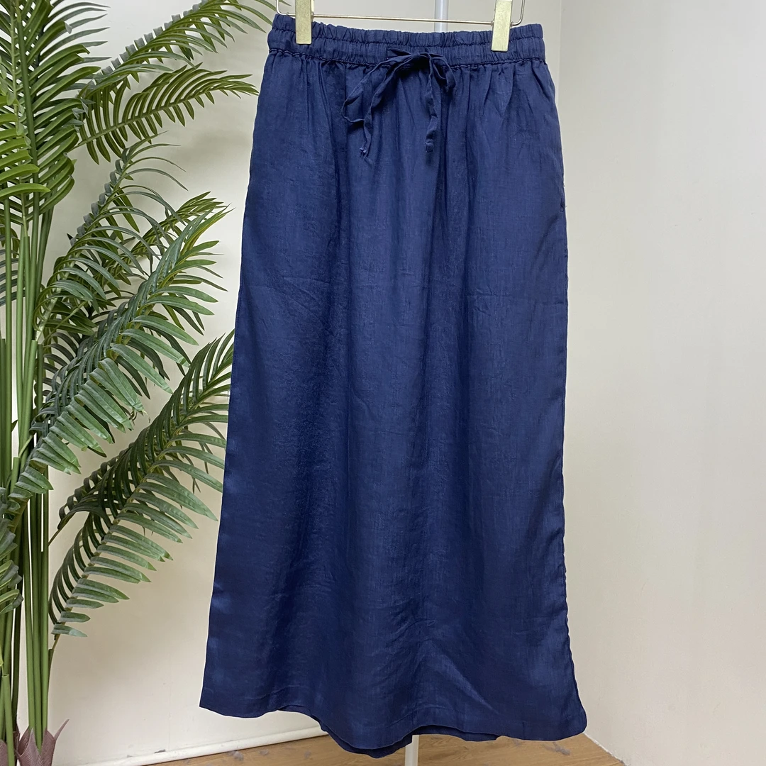 【亚麻系带后开叉纯色半身裙】4049