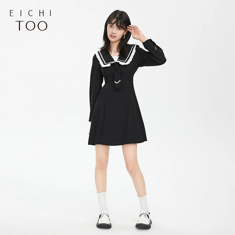 A爱居兔女装撞色娃娃领可脱卸领带长袖连衣裙EQLCJ3M007A