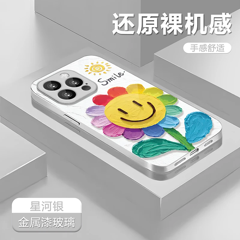 银色太阳花适用于苹果16时尚Reno14/Mate70/荣耀400全包玻璃壳