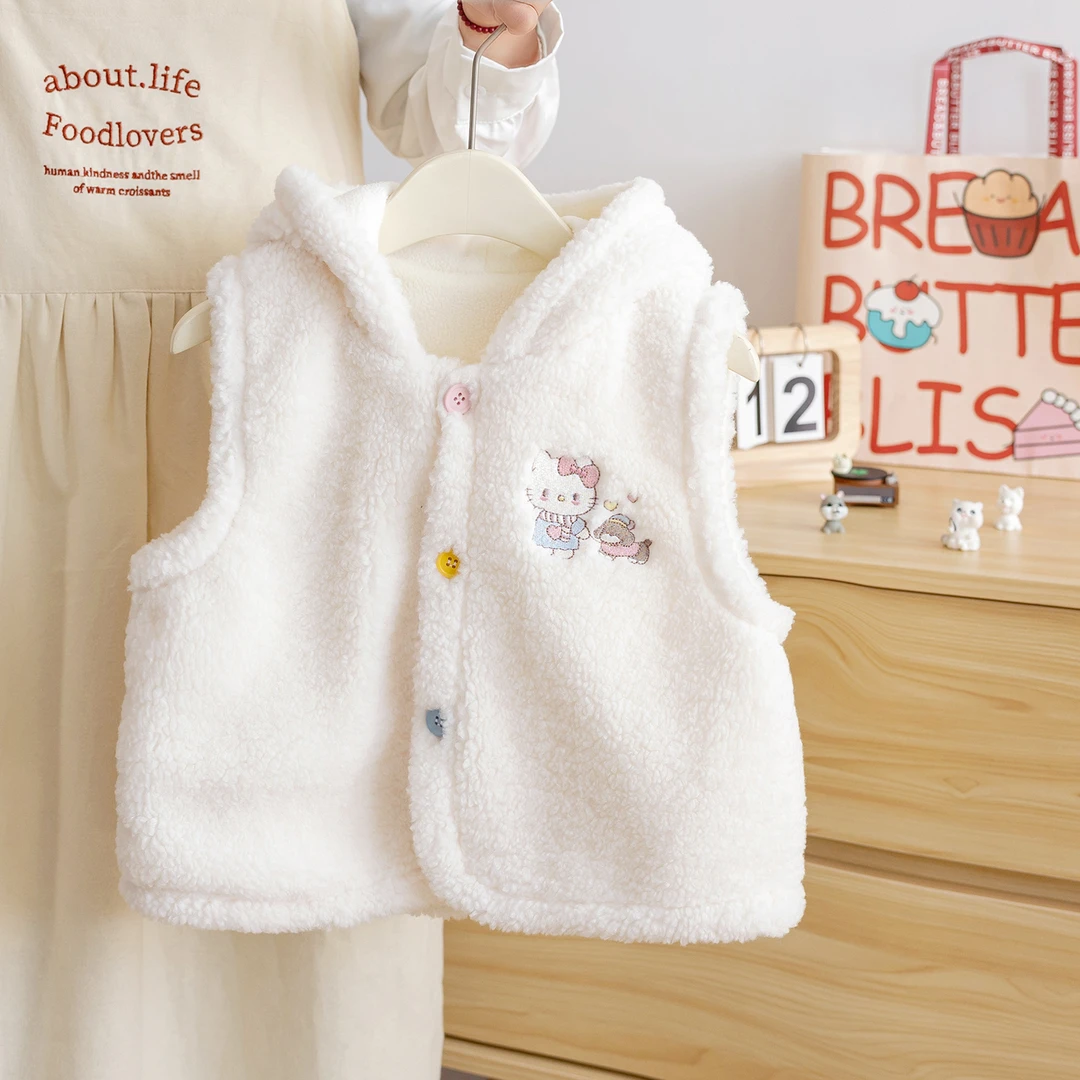 2025冬季新款女童甜美风保暖连帽马甲女宝卡通刺绣加绒背心外套厚