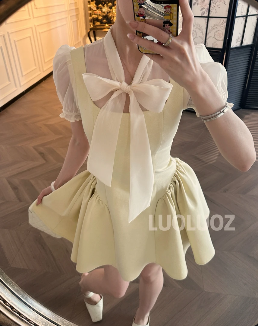 LUOLUOZ【爱丽丝】法式气质绝美绑带网纱显瘦短款连衣裙CC067
