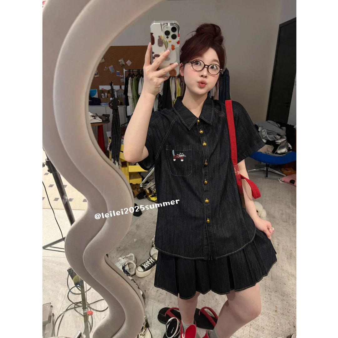 晶咕【自由盛夏】原色小猫刺绣牛仔上衣+高腰A字短裙+阔腿裤