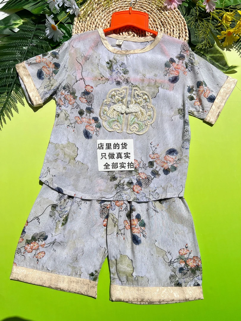 D048山东人造棉儿童套装外穿裙子裤子上衣断码清仓夏棉绸洋气时尚
