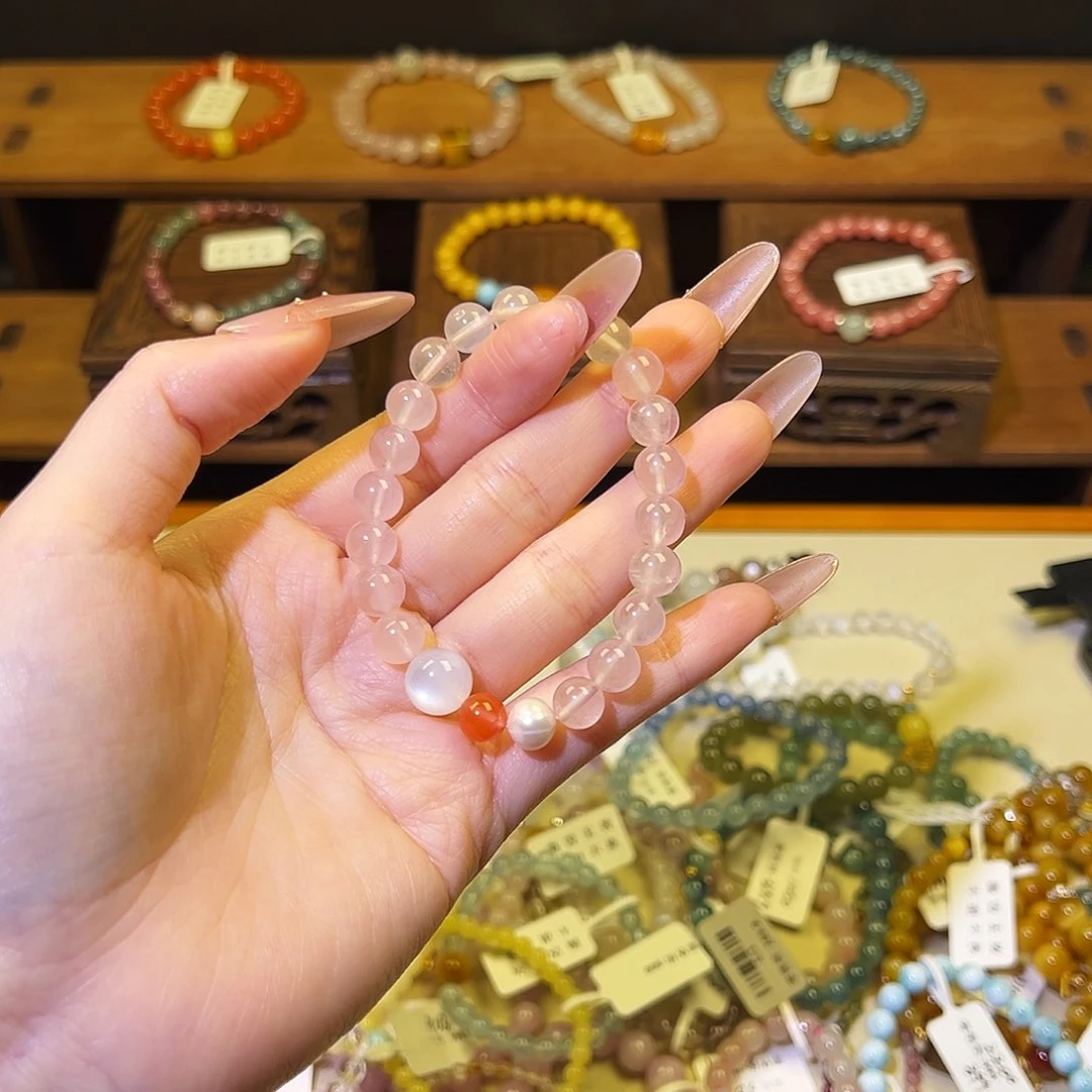 水晶手链银S925镶嵌粉水南红