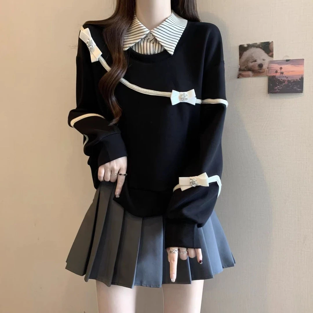 假两件条纹衬衫领正肩显瘦卫衣女秋冬大码胖mm重工立体蝴蝶结上衣