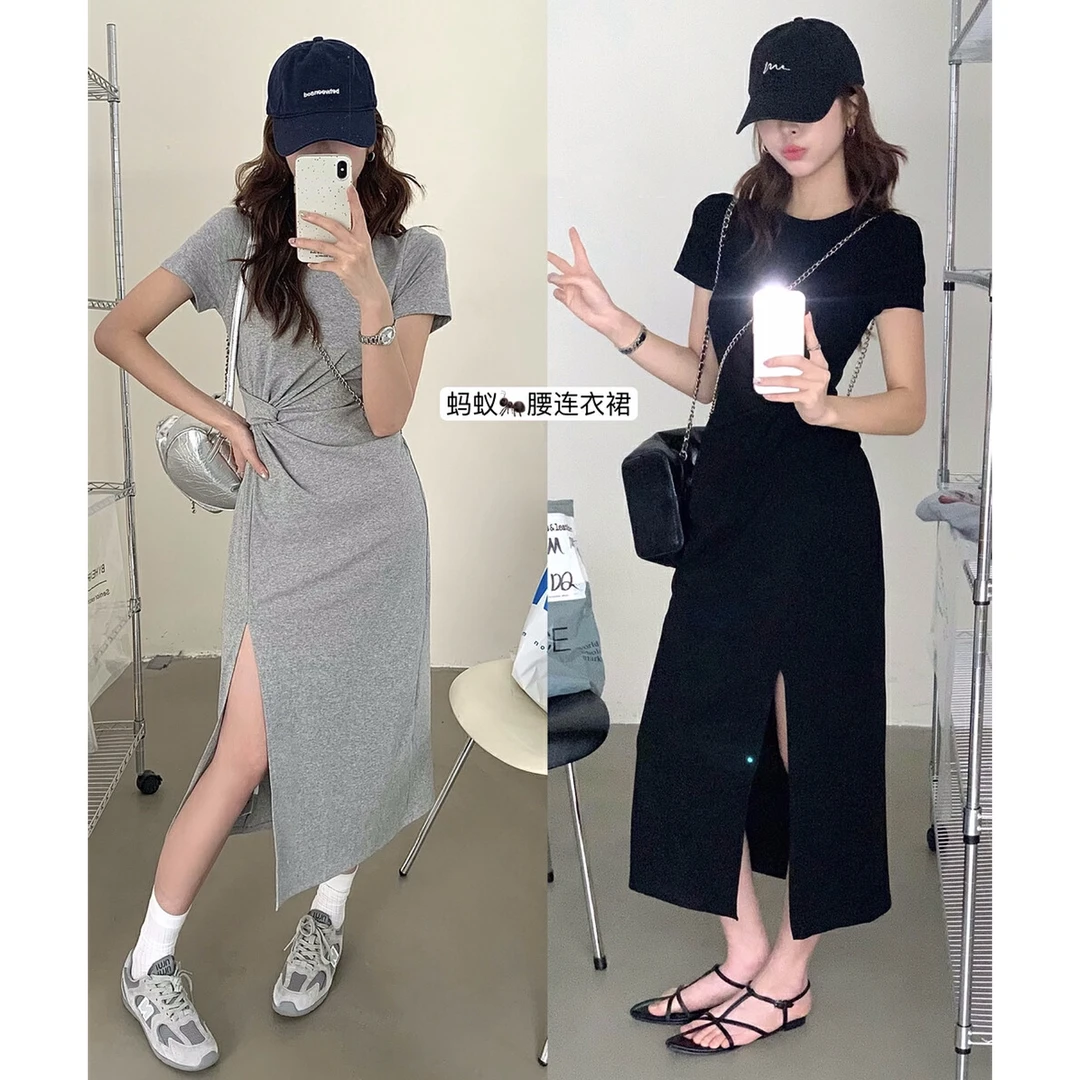 淡人穿搭！韩版蚂蚁腰巨显瘦纽结设计感开衩修身百搭连衣裙A1291