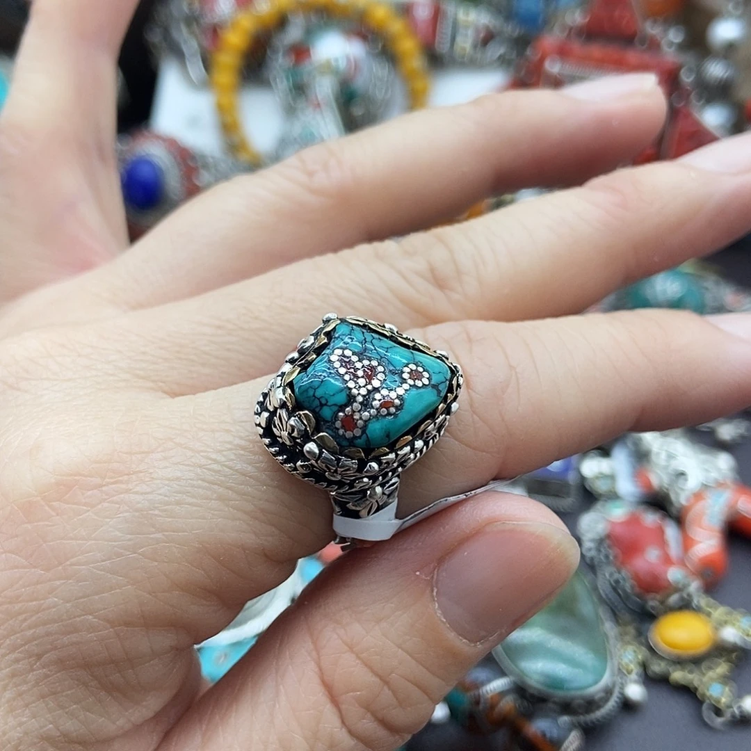 绿松石银S925镶嵌戒指坤尼泊尔手工制作