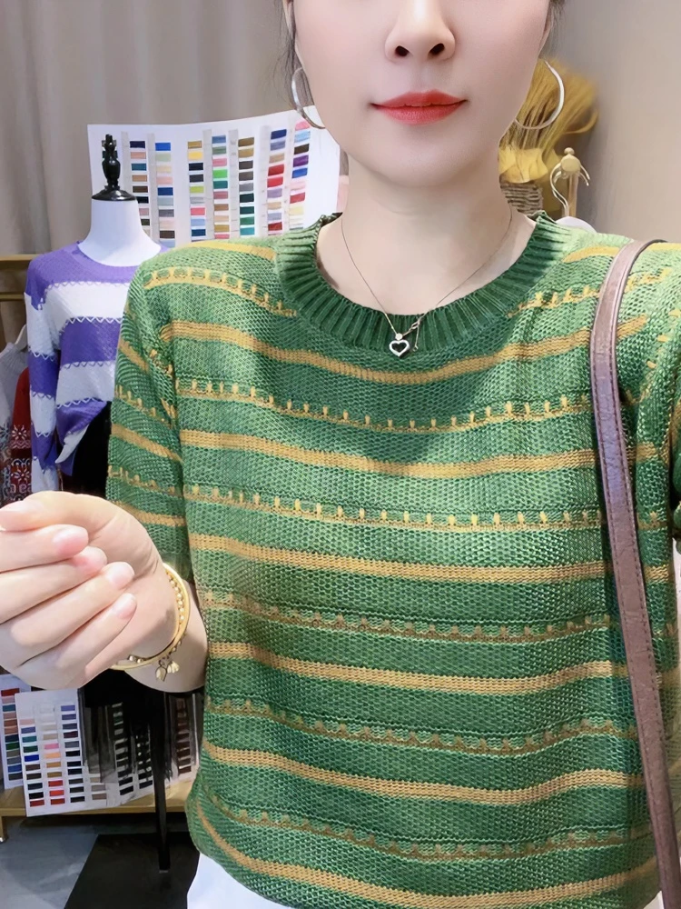 2025夏季新款条纹撞色短袖洋气针织衫女装法式气质圆领宽松上衣服