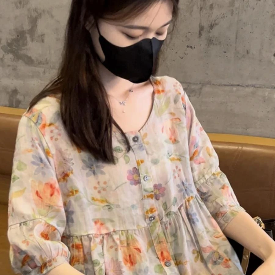 棉麻碎花上衣女中袖大码胖mm宽松遮肚子显瘦短袖t恤衫薄款娃娃衫