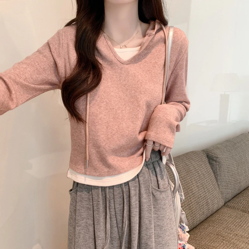 春季新款撞色假两件连帽长袖女修身针织衫打底衫内搭套头上衣