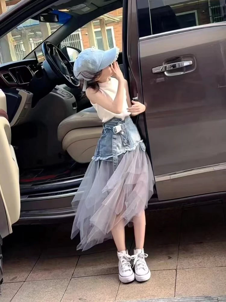 女童牛仔半身裙套装2025夏季新款儿童中大童洋气背心网纱牛仔裙