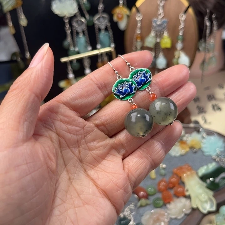 蛇纹石玉银S925镶嵌耳饰